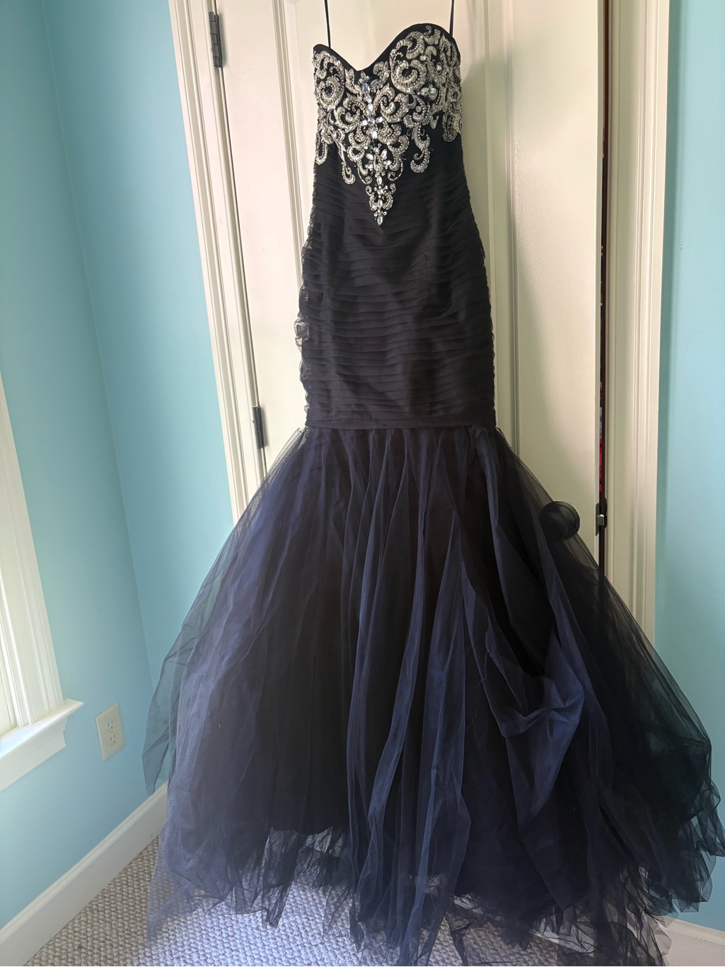Madison James Black Strapless Beaded Tulle Mermaid Gown